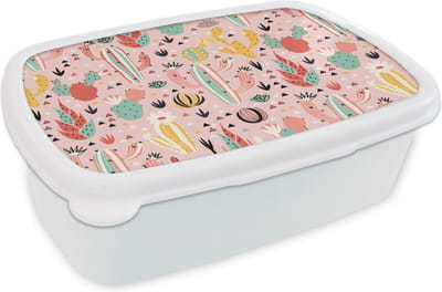 Broodtrommel Wit - Lunchbox - Brooddoos - Planten - Patronen - Cactus - 18x12x6 cm - Volwassenen