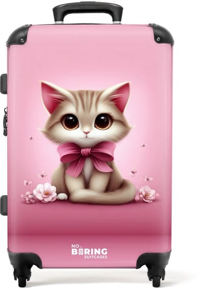 NoBoringSuitcases.com - Grote koffer - Poes met strik tussen bloemen - Kinderkoffer geschikt voor jongen en meisjes - Reiskoffer met 4 wielen - Trolley op wieltjes - Rolkoffer groot kinderen - 72 liter - Ruimbagage valies 20kg