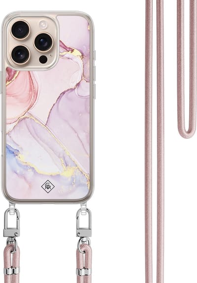 Casimoda® hoesje met koord - Geschikt voor iPhone 16 Pro Max - Marmer roze paars - Afneembaar koord - TPU/polycarbonaat - Paars