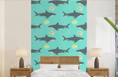 Behang - Fotobehang Patronen - Water - Haai - Jongens - Jongetje - Kind - Kids - Breedte 140 cm x hoogte 220 cm