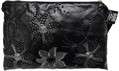 Vagabond - Toilettas - Clutch "Black Diva" - Imitatieleder met Prachtige Embroidery - afmeting 27 x 3 x 17 cm.