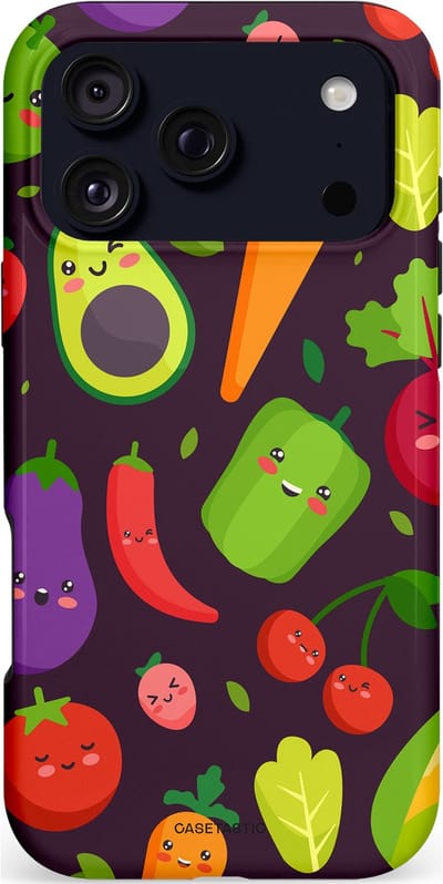 Casetastic hoesje geschikt voor Apple iPhone 17 Pro Max - MagSafe - Dubbellaagse bescherming - Vrolijke Groentevrienden - Fashion Case - Zwart Groen Rood Geel