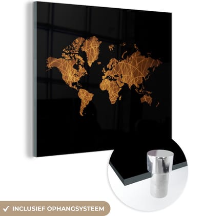 ® Glasschilderij 90x90 cm - Schilderij acrylglas - Wereldkaart - Goud - Bruin - Foto op glas - Muurdecoratie woonkamer - Wanddecoratie slaapkamer - Schilderijen