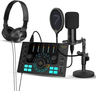 7RYMS Podcast Kit Solo Podcast Set - Complete Set met Audio Mixer, Microfoon en Koptelefoon - Met Ingebouwde Accu & 2 XLR Ingangen - Zwart