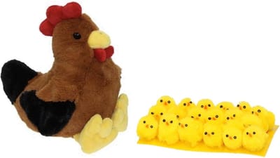 Decoris Pluche bruine kippen knuffel - 25 cm - met 18x stuks mini kuikentjes 3 cm - Paas/pasen decoratie