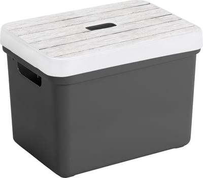 Sunware Opbergbox - antraciet - 18L - kunststof - met houtkleur deksel - 35 x 25 x 24 cm