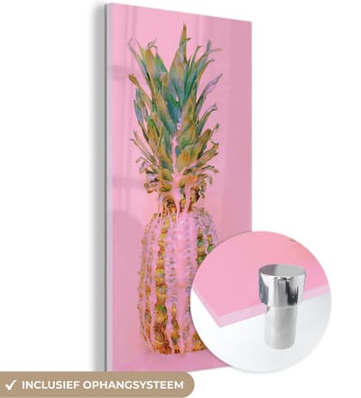 MuchoWow® Glasschilderij 20x40 cm - Schilderij acrylglas - Verf - Ananas - Roze - Zomer - Foto op glas - Schilderijen