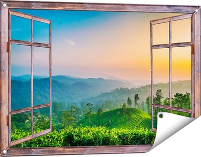 Gards Tuinposter Doorkijk Zonsondergang op een Thee Plantage - 90x60 cm - Tuindoek - Tuindecoratie - Wanddecoratie buiten - Tuinschilderij