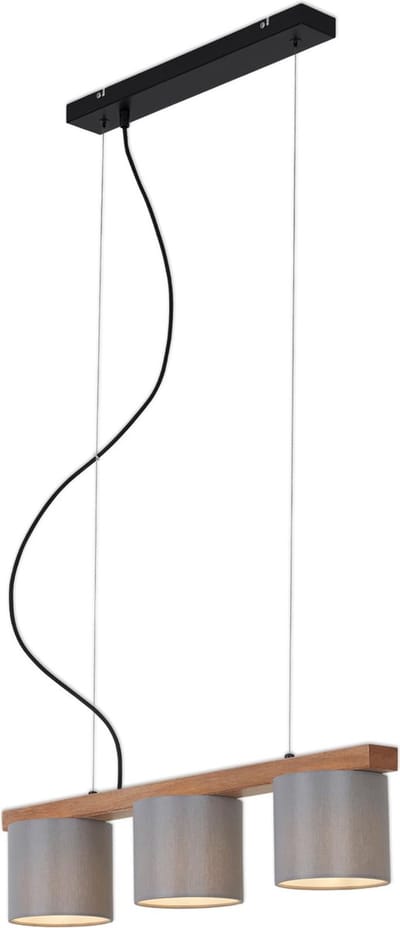 Briloner Leuchten WOOD & STYLE - hanglamp - 3-lichts - E14 max. 25W - lampenkap: grijs - Materiaal: Metaal-hout en stof