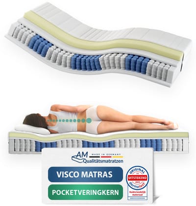 AM Qualitätsmatratzen - Traagschuim matras 80x200cm - Zacht (H2) - Traagschuim pocketveringmatras - Matras met geïntegreerde 6cm traagschuim deklaag - 24cm hoogte - Made in Germany