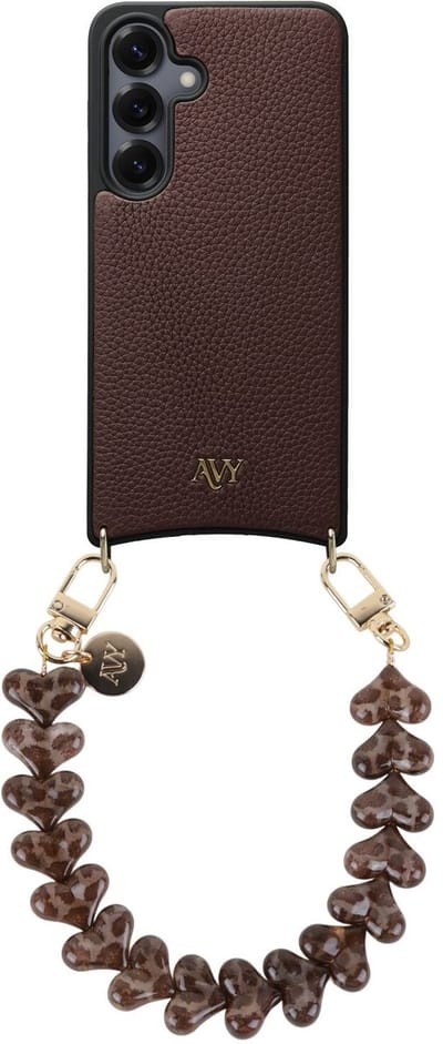AVY Leren Hoesje Geschikt voor Samsung Galaxy S25 / S24 | Compatibel met MagSafe | Leather Case met Telefoonkoord | Polsband | Chocolate | Cupid Leopard
