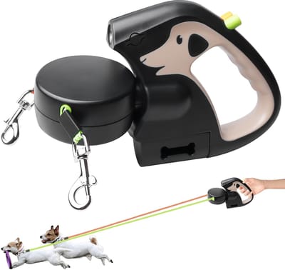 Dubbele intrekbare hondenlijn, rollijn met LED-licht, uittrekbare dubbele hondenlijn voor 2 honden, 3M hondenlijn Flexi, antislip handgreep met snelstopknop voor kleine en middelgrote honden (bruin)