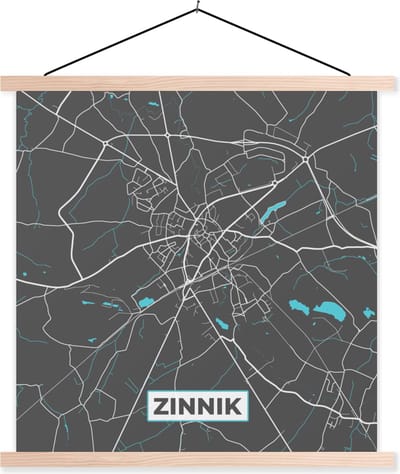 Posterhanger incl. Poster 40x40 cm - Schoolplaat - België – Zinnik – Stadskaart – Kaart – Blauw – Plattegrond - Textielposter - Blanke latten - Stadskaart