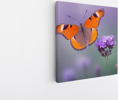 Saammp Canvas Schilderij -Vlinder bij paarse bloem - Dieren - Abstract - 20x20 - Foto op canvas - Wanddecoratie - muurdecoratie Woonkamer - Slaapkamer decoratie - Canvas Print