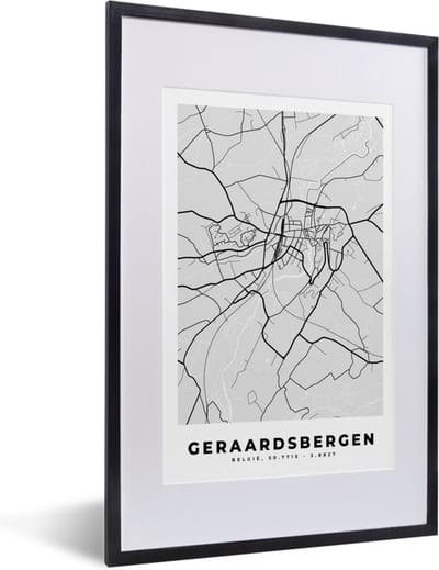 Fotolijst incl. Poster Zwart Wit- Stadskaart – Zwart Wit - Kaart – Geraardsbergen – België – Plattegrond - 40x60 cm - Posterlijst