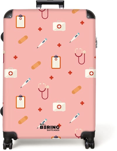 NoBoringSuitcases.com® - Koffer groot - Reiskoffer lichtgewicht - Medische symbolen op roze achtergrond - Rolkoffer met 4 wielen - Grote trolley XL - 98 liter bagage