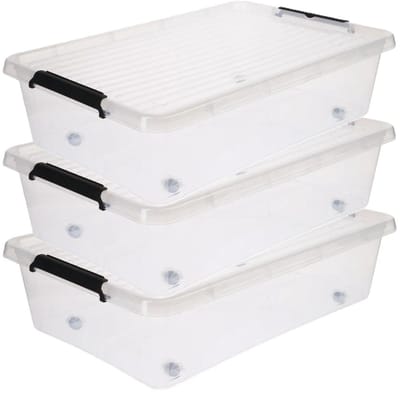 5Five opberg kist met deksel - 3x - Clip Box - 29 liter - 58 x 39 x 16 cm - kunststof - transparant - met wielen
