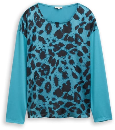 Tom Tailor - Losvallend shirt met lange mouwen en luipaardprint - Maat XL - petrol black big leo print