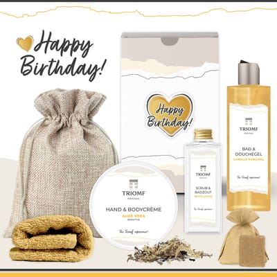 Geschenkset “Happy Birthday!” - 6 producten - 680 gram - Triomf Cosmetica | Giftset voor haar Verjaardag Cadeau Gefeliciteerd Feestje Cadeautje Vriendin Vrouw Moeder Cadeaupakket Geschenk Pakket Luxe Douchegel Vanille Caramel Party Gift Set Goud Geel
