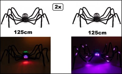 2x Super Spin zwart met licht 125cm excl. batterijen - 1x Licht in ogen + 1x Licht in ogen en poten - Horror Halloween creepy spinnen fun griezel