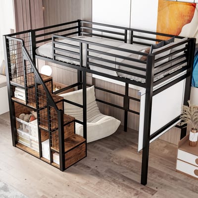 MODENUIT Hoogslaper 90x200 cm – Opbergunit en Ladder met Gaaspaneel – Ruimte onder Bed – Metaal/MDF – Zonder matras – Zwart