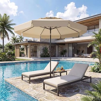 Ronde Tuinparasol 300 cm – 3-Laags Ventilerend Dak, Kantelbaar 35° en Zwengelbediening – Luxe Terrasparasol met Volant, Windbestendig & UV-Bescherming – Beige – Nicolehome