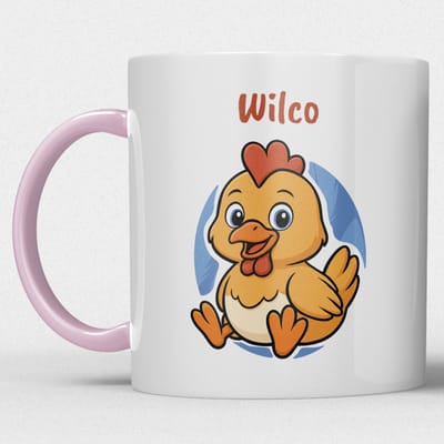 kindermok/kinderbeker | gepersonaliseerd met naam | met kip | roze | Schattige illustraties