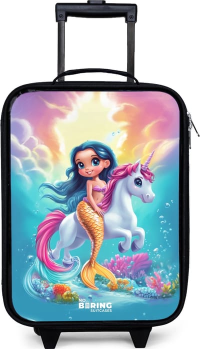 NoBoringSuitcases.com® - Kinderkoffer jongen - Kindertrolley meisje - Zeemeermin met gouden staart met een witte eenhoorn - Koffer kind lichtgewicht - Reiskoffer trolley voor kinderen - Koffertje met lichtgevende wieltjes - Rolkoffer zwart