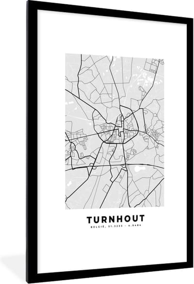 Fotolijst incl. Poster Zwart Wit- Zwart Wit – België – Plattegrond – Stadskaart – Kaart – Turnhout - 80x120 cm - Posterlijst