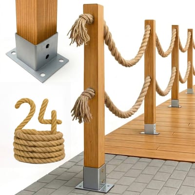 BOGATECO Nautische Touwomheining 24m - Houten Afzetting met Dubbel Jute Touw - Inclusief Paalhouders & Montagekit - 13 Maten Beschikbaar - Geïmpregneerd Grenen - Lichtbruin