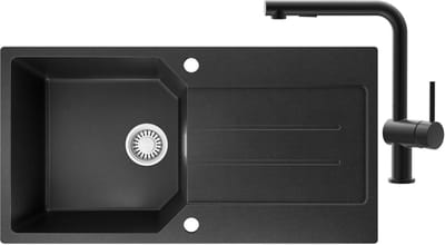 Anycee max Spoelbak Met Kraangat - Granieten Keuken 86x45CM - Spoelbak Keuken Met Keukenkraan - Met Afdruiprek en Waterafvoersysteem - 80% Kwarts Zand Spoelbak Keuken - Zwart