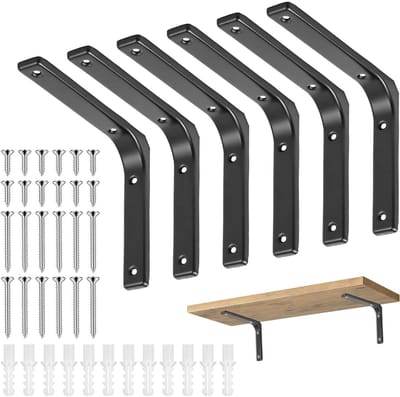 Dailygoods - Plankhouders, zware lasten, 6 stuks, metaal, console voor zware belasting, wandhoek, zwart, L plankdrager, hoek, rek met schroeven, voor wandhouder, hoekrek (150 x 125 mm)
