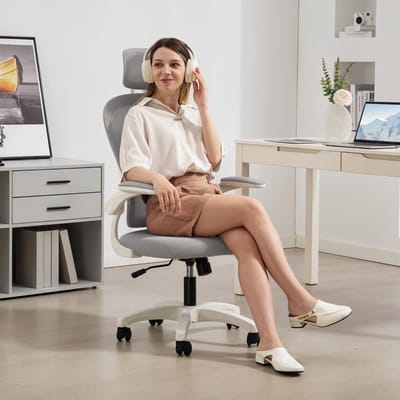 OKWISH Bureaustoel Ergonomisch Verstelbaar - Hoofdsteun, 2D Lendensteun, Wipfunctie - Opklapbare Armleuningen - Polyester - Grijs