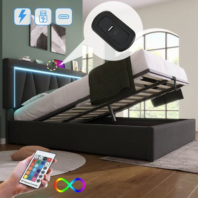 Gestoffeerd bed, tweepersoonsbed met opbergruimte, gestoffeerd bed met LED-verlichting, USB-oplaadfunctie en opbergbedframe, zonder matras, grijs, 140 x 200 cm