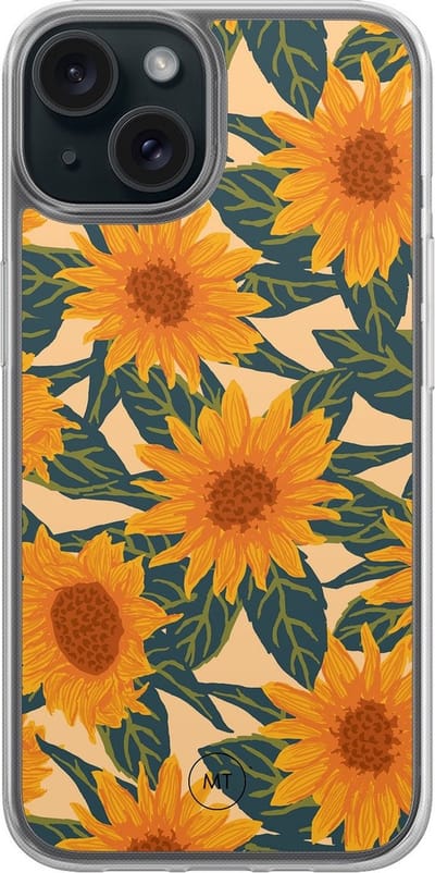Hybride hoesje geschikt voor iPhone 13 - Zonnebloemen - Extra bescherming - Luxe beschermhoes - TPU case - Transparant, Oranje - Mooie Telefoonhoesjes