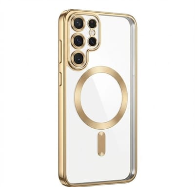 Transparant goudkleurig telefoon hoesje met metallic randen – geschikt voor Samsung S24 Ultra MagSafe – luxe backcover met MagSafe ring en camera bescherming