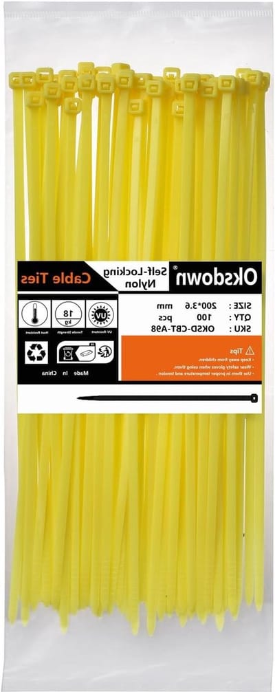 100 Stuks Gele Plastic Kabelbinders 200mm x 3,6mm - Sterke Nylon Tuinbinders voor Multifunctioneel Gebruik en Organisatie