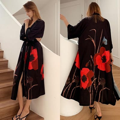 Grote Maten Dames Lange Badjas Nachtkleding Print Bloem Kimono Badjas Gewaad Loungewear Lente Zomer Losse Casual Satijnen Huisjurk One size black