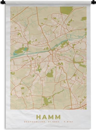 Wandkleed - Wanddoek - Kaart - Hamm - Vintage - Plattegrond - Stadskaart - 120x180 cm - Wandtapijt