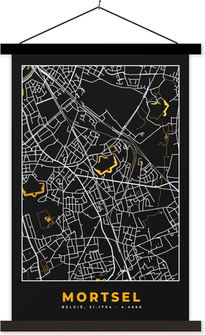 Posterhanger incl. Poster 40x60 cm - Schoolplaat - Kaart - Goud - Stadskaart - Plattegrond - Mortsel - Textielposter - Zwarte latten - Stadskaart