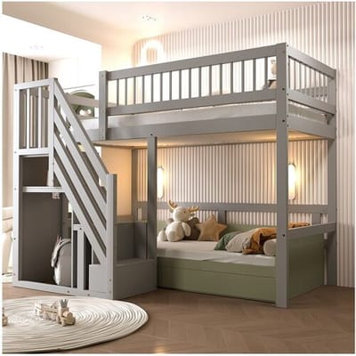 Merax Kinderhoogslaper - 90 x 200 cm - trap met opbergruimte - hout - grijs