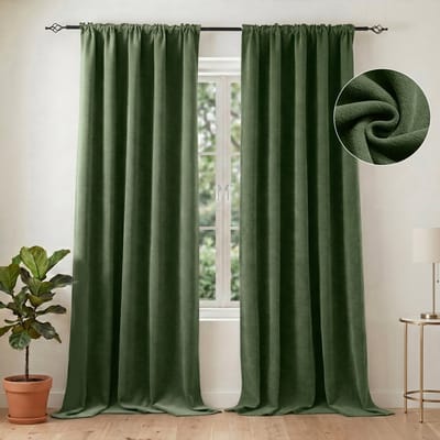 Qelus UltraZware Chenille Verduisterende Gordijn (2-panelen kant-en-klaar set) - 132x214cm - Thermisch Isolerend - Dubbelzijdige 510GSM Stof – 98% lichtdicht - 6-in-1 header- voor Slaapkamer & Woonkamer - Groen