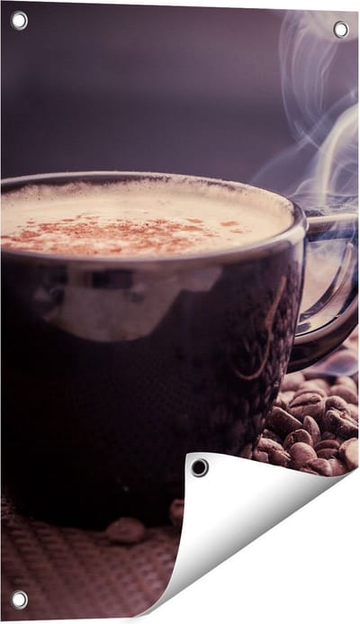 Gards Tuinposter Hete Koffie Kop met Koffiebonen - 40x60 cm - Tuindoek - Tuindecoratie - Wanddecoratie buiten - Tuinschilderij