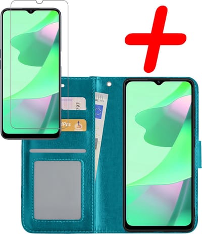 Hoesje Met Screenprotector - Geschikt voor OPPO A16s - Luxe Pasjeshouder - Bookcase Portemonee - Flip Case - Kunstleer Book Case - Flipcase - Book Cover - Walletcase - Portemonneehoes - Turquoise