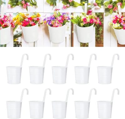 Set van 10 Stuks 10 cm Metalen Hangende Plantenpotten met Afneembare Haak - Witte Tuinpotten voor Balkon, Schutting en Decoratie in de Tuin