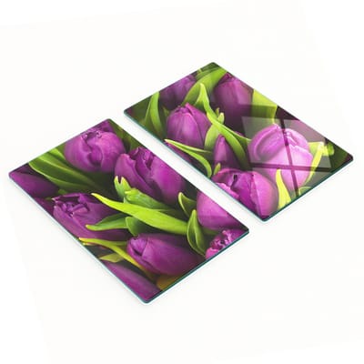 Set van twee glazen snijplanken met paarse tulpenmotief, 2x30x52 cm