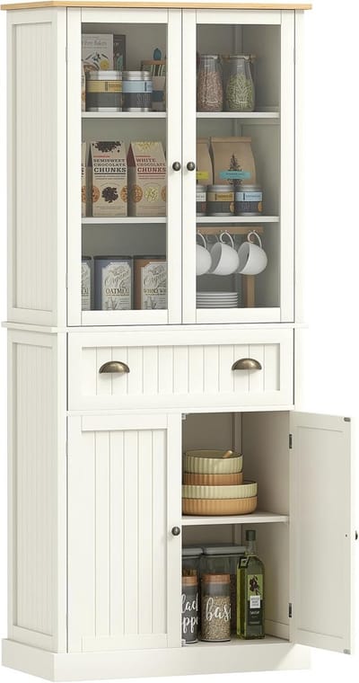 Vitrinekast met 4 deuren, 1 lade en glazen elementen - Beige