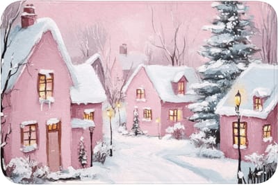 Badmat 90x60 cm - Antislip - Kerstdorp - Roze - Winter - Sneeuw - Huizen - Badmatten voor badkamer - Badkamermat - Douchemat - Badkamer mat
