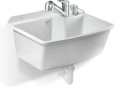 GOSPO Gootsteen met uittrekbare kraan, wastafel 61 x 44 x 23,5 cm, wastrog met zeepdispenser, sifon, spoelbak incl. accessoires, wasruimte, industriële wastafel (wit)