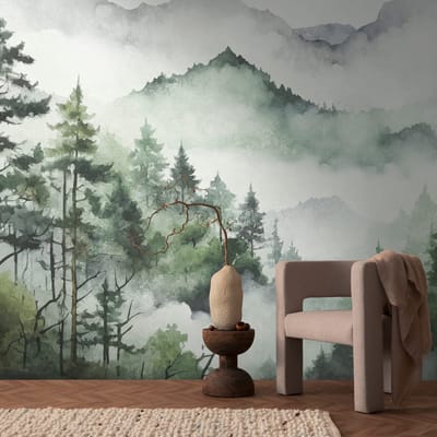 Fotobehang Profhome 398991-GU vliesbehang hardvinyl warmdruk in reliëf glad met bosmotief mat groen wit grijs 3,71 m x 2,8 m